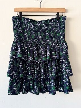 Michael Kors Tiered Navy Floral Smocked Mini Skirt - Green & White Size L